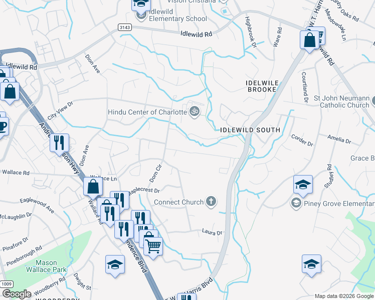 map of restaurants, bars, coffee shops, grocery stores, and more near 7632 Rawald Drive in Charlotte