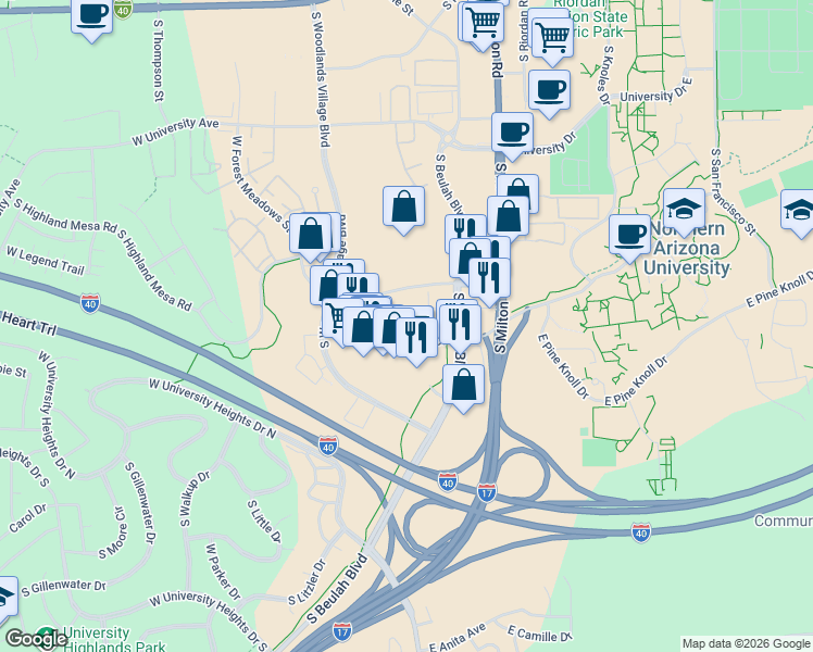 map of restaurants, bars, coffee shops, grocery stores, and more near 555 West Forest Meadows Street in Flagstaff