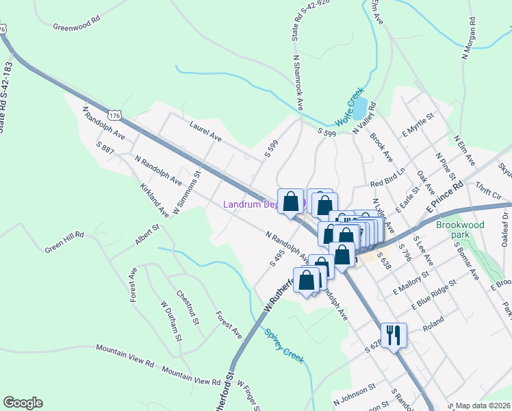 map of restaurants, bars, coffee shops, grocery stores, and more near 223 North Howard Avenue in Landrum