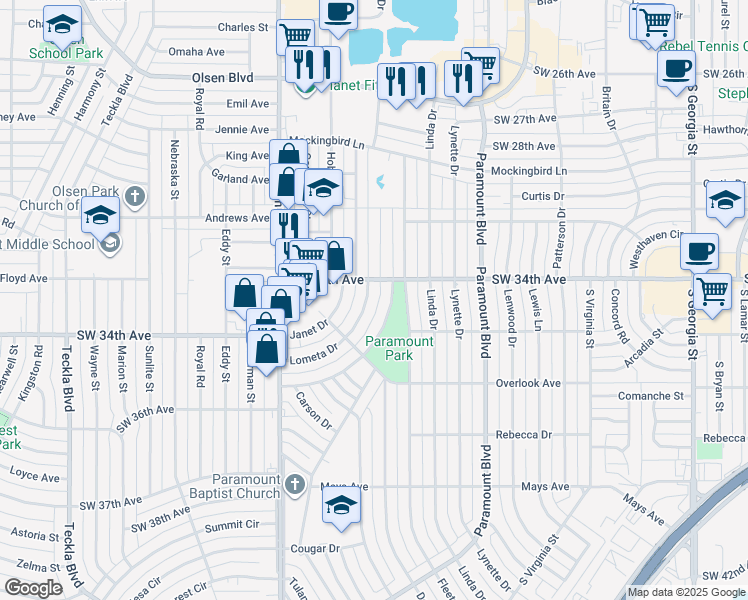 map of restaurants, bars, coffee shops, grocery stores, and more near 3403 Lometa Drive in Amarillo