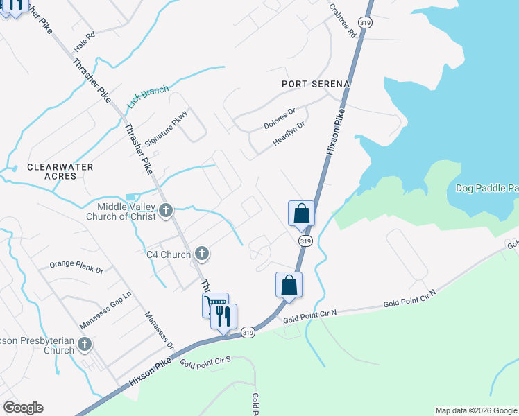 map of restaurants, bars, coffee shops, grocery stores, and more near 7367 Hixson Pike in Middle Valley