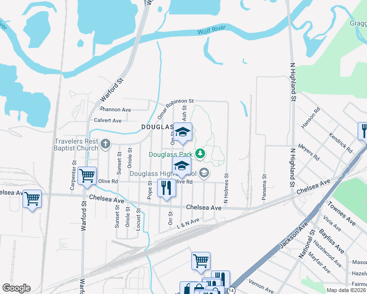 map of restaurants, bars, coffee shops, grocery stores, and more near 1650 Ash Street in Memphis