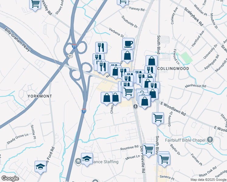 map of restaurants, bars, coffee shops, grocery stores, and more near 200 E Woodlawn Rd in Charlotte