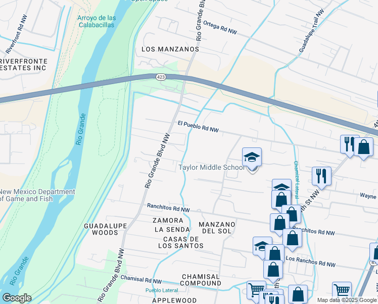 map of restaurants, bars, coffee shops, grocery stores, and more near 8400 Rio Grande Boulevard Northwest in Los Ranchos de Albuquerque
