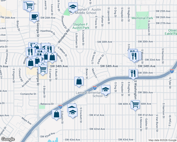 map of restaurants, bars, coffee shops, grocery stores, and more near 3400-3498 Bowie Street in Amarillo