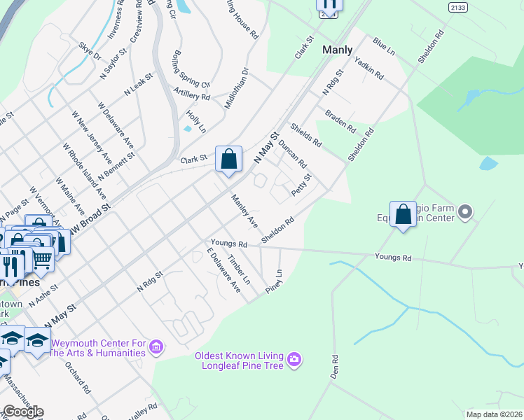 map of restaurants, bars, coffee shops, grocery stores, and more near 375 Manley Avenue in Southern Pines