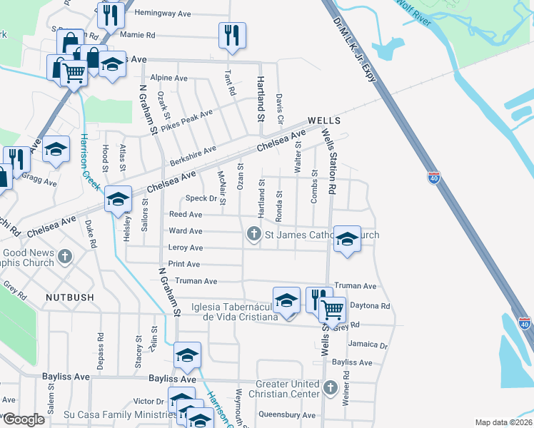 map of restaurants, bars, coffee shops, grocery stores, and more near 1692 Hartland Street in Memphis