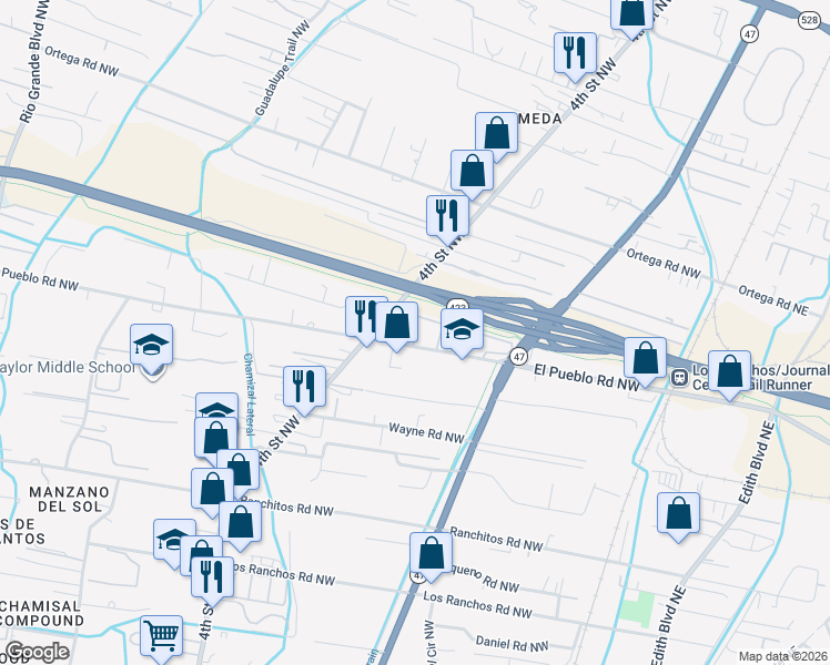 map of restaurants, bars, coffee shops, grocery stores, and more near 301 El Pueblo Road Northwest in Los Ranchos de Albuquerque