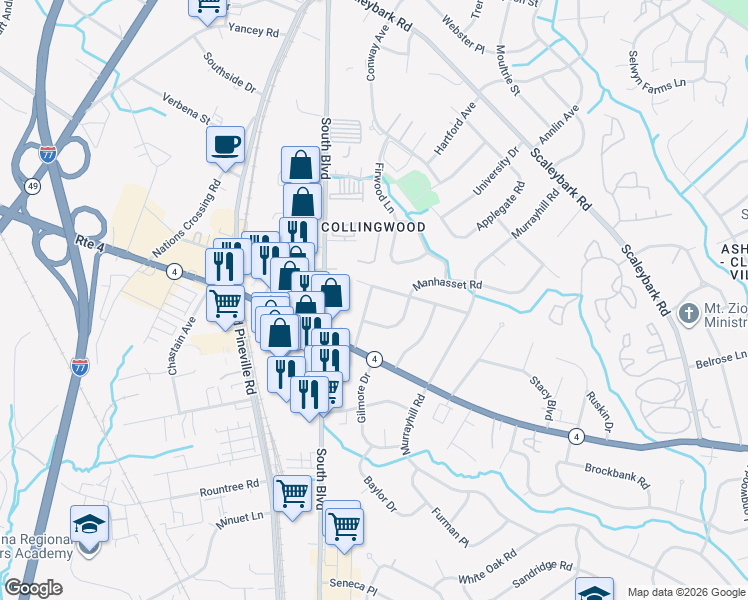 map of restaurants, bars, coffee shops, grocery stores, and more near 4600 Connecting Road in Charlotte