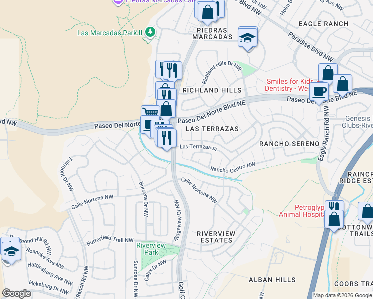 map of restaurants, bars, coffee shops, grocery stores, and more near 4408 La Paloma Road Northwest in Albuquerque
