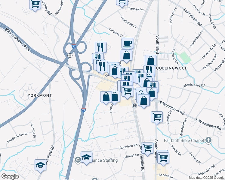 map of restaurants, bars, coffee shops, grocery stores, and more near 200 E Woodlawn Rd in Charlotte