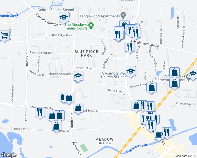 map of restaurants, bars, coffee shops, grocery stores, and more near 5645 Sycamore Ridge Road in Memphis