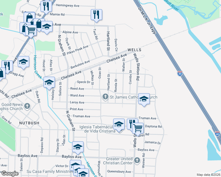 map of restaurants, bars, coffee shops, grocery stores, and more near 1692 Hartland Street in Memphis