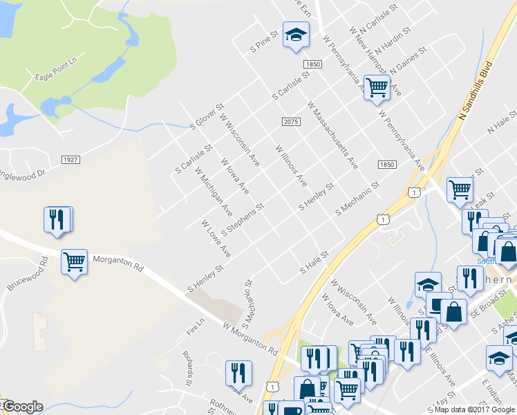 map of restaurants, bars, coffee shops, grocery stores, and more near West Iowa Avenue in Southern Pines