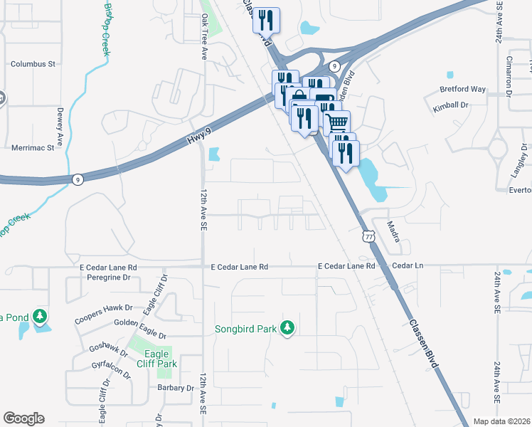 map of restaurants, bars, coffee shops, grocery stores, and more near 3301 12th Avenue Southeast in Norman