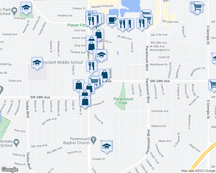 map of restaurants, bars, coffee shops, grocery stores, and more near 3405 Janet Drive in Amarillo