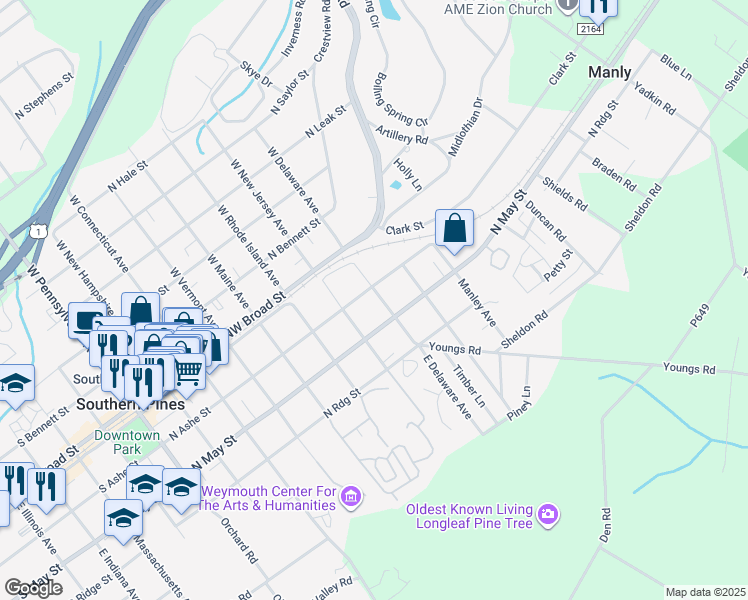 map of restaurants, bars, coffee shops, grocery stores, and more near 250 East Delaware Avenue in Southern Pines