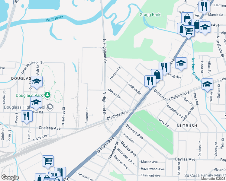 map of restaurants, bars, coffee shops, grocery stores, and more near 3506 Meyers Road in Memphis