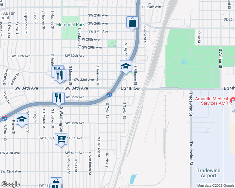 map of restaurants, bars, coffee shops, grocery stores, and more near 3405 South Polk Street in Amarillo