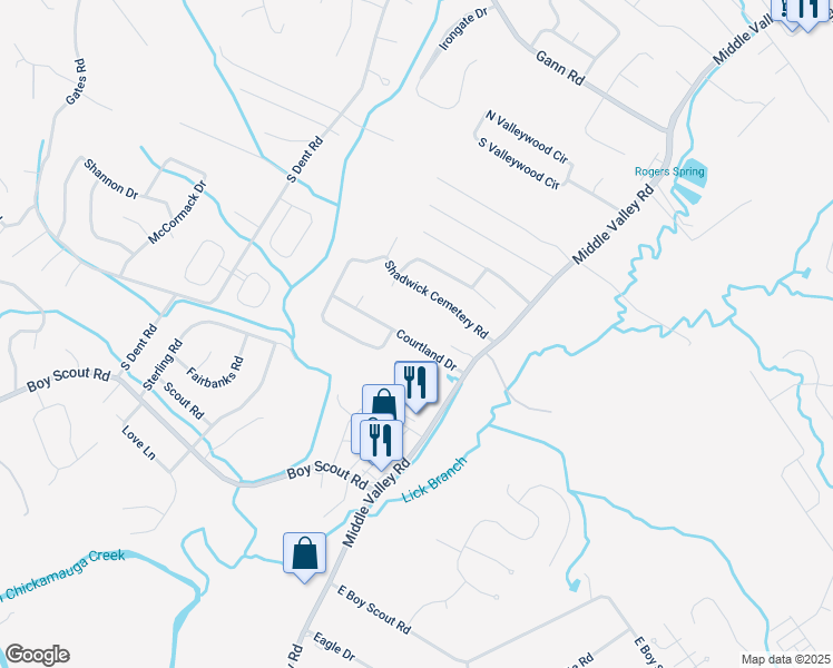 map of restaurants, bars, coffee shops, grocery stores, and more near 1525 Courtland Drive in Middle Valley