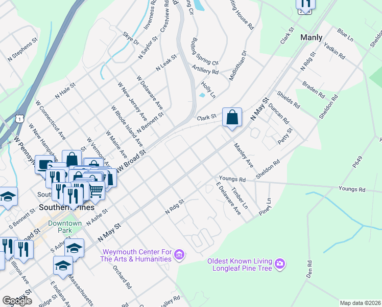 map of restaurants, bars, coffee shops, grocery stores, and more near 250 East Delaware Avenue in Southern Pines