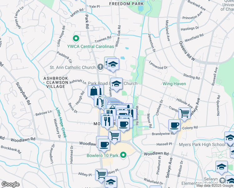 map of restaurants, bars, coffee shops, grocery stores, and more near 3701 Haven Drive in Charlotte