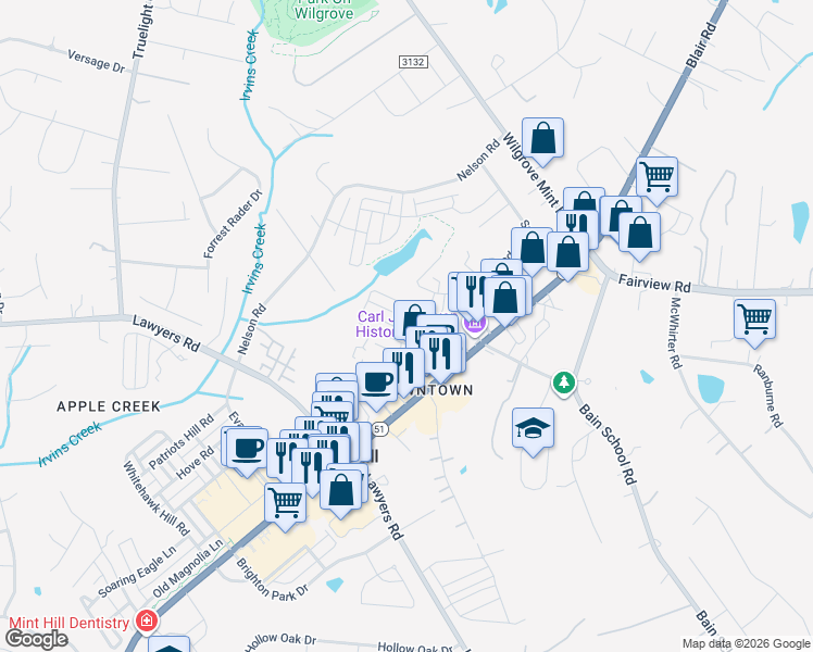 map of restaurants, bars, coffee shops, grocery stores, and more near 7417 Matthews-Mint Hill Road in Mint Hill