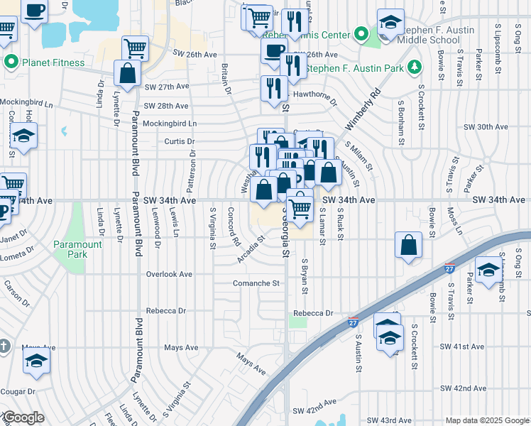 map of restaurants, bars, coffee shops, grocery stores, and more near 3403 Bristol Road in Amarillo