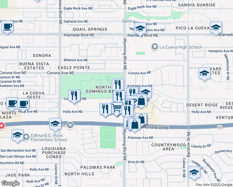 map of restaurants, bars, coffee shops, grocery stores, and more near 7521 Carmel Avenue Northeast in Albuquerque