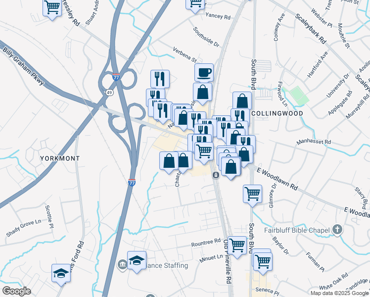 map of restaurants, bars, coffee shops, grocery stores, and more near 200 E Woodlawn Rd in Charlotte