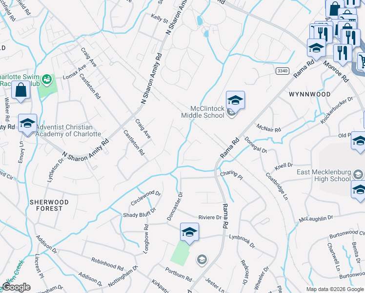 map of restaurants, bars, coffee shops, grocery stores, and more near in Charlotte