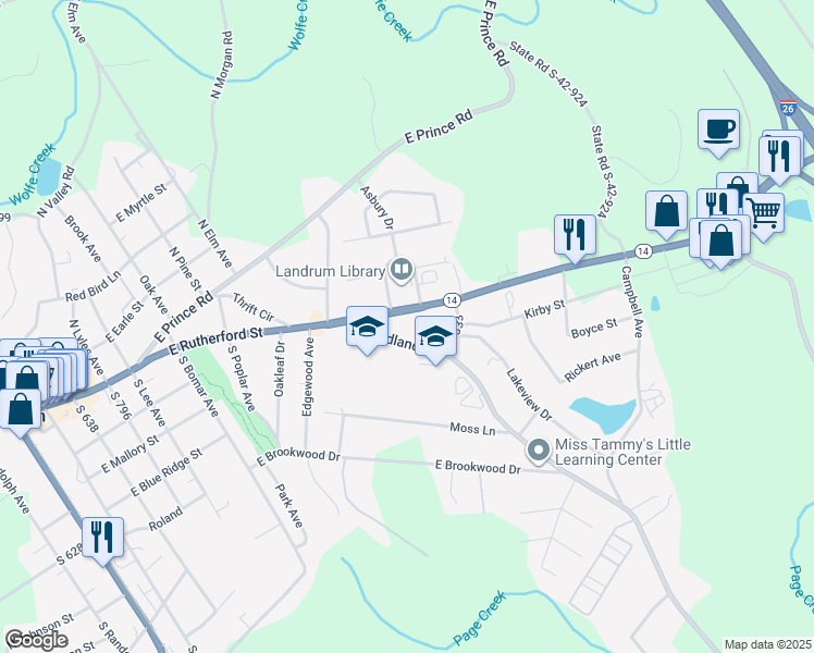map of restaurants, bars, coffee shops, grocery stores, and more near 1308 East Rutherford Street in Landrum