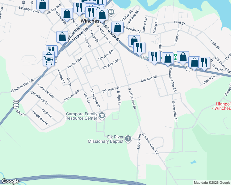 map of restaurants, bars, coffee shops, grocery stores, and more near 806 S High St in Winchester