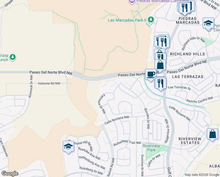 map of restaurants, bars, coffee shops, grocery stores, and more near 8316 Hillsboro Court Northwest in Albuquerque