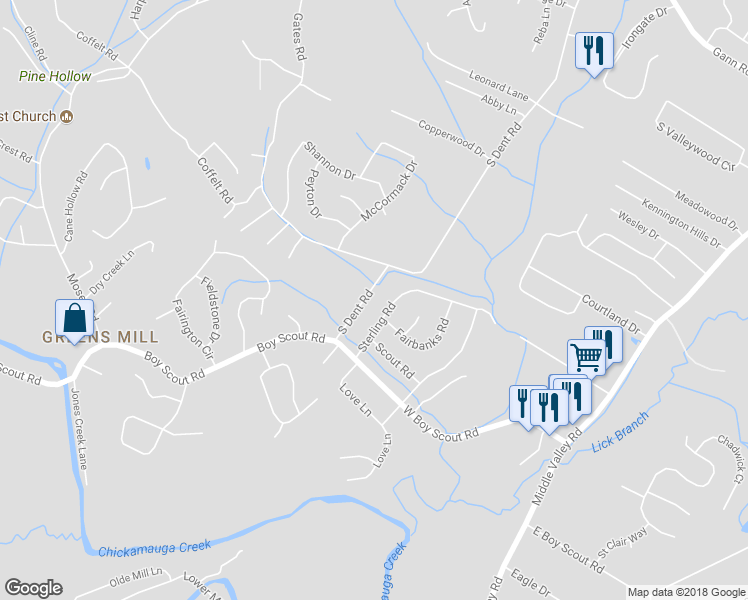 map of restaurants, bars, coffee shops, grocery stores, and more near 7012 South Dent Road in Middle Valley