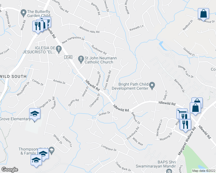 map of restaurants, bars, coffee shops, grocery stores, and more near 3317 Braewick Place in Charlotte