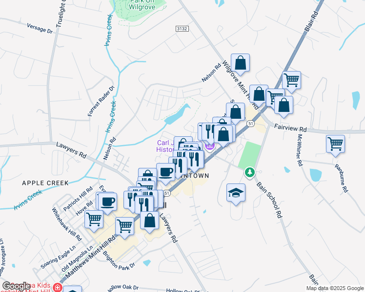 map of restaurants, bars, coffee shops, grocery stores, and more near 7417 Matthews-Mint Hill Road in Mint Hill