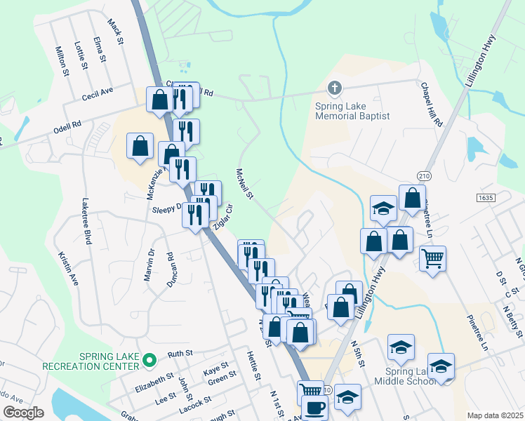 map of restaurants, bars, coffee shops, grocery stores, and more near 973 McNeil Street in Spring Lake