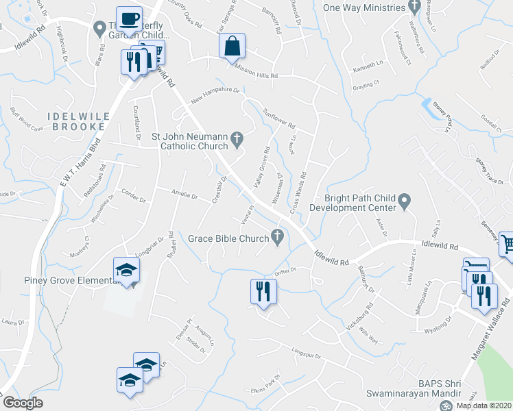 map of restaurants, bars, coffee shops, grocery stores, and more near 8618 Idlewild Road in Charlotte