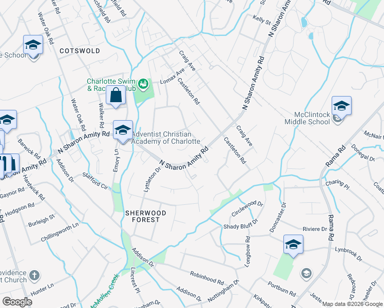map of restaurants, bars, coffee shops, grocery stores, and more near 1145 North Sharon Amity Road in Charlotte