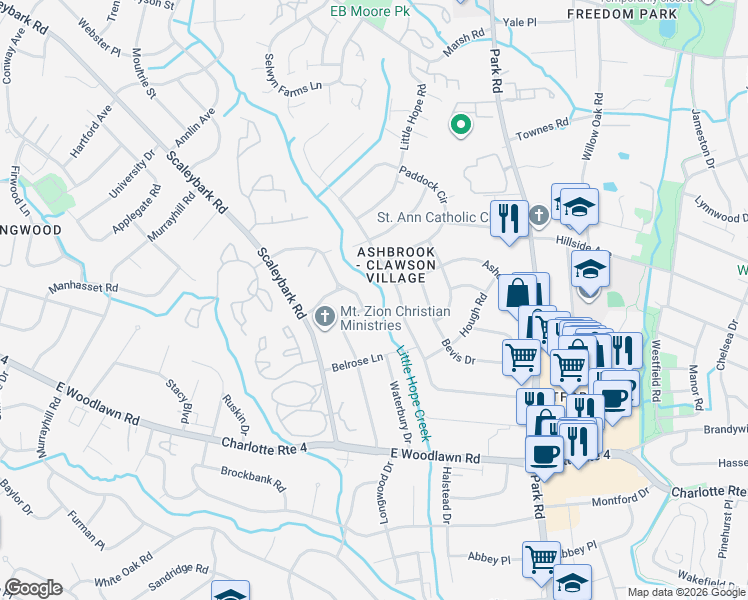 map of restaurants, bars, coffee shops, grocery stores, and more near 1000 Heather Lane in Charlotte