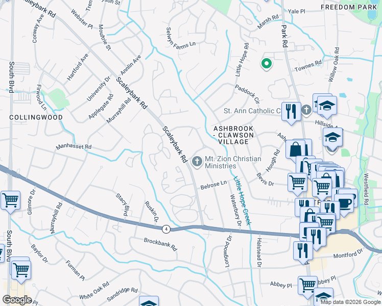 map of restaurants, bars, coffee shops, grocery stores, and more near 1023 Broadmoor Drive in Charlotte
