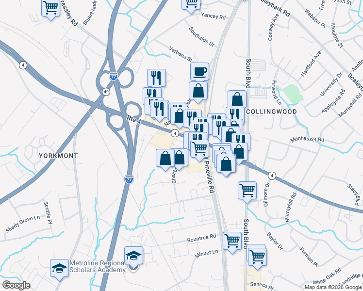 map of restaurants, bars, coffee shops, grocery stores, and more near 200 E Woodlawn Rd in Charlotte
