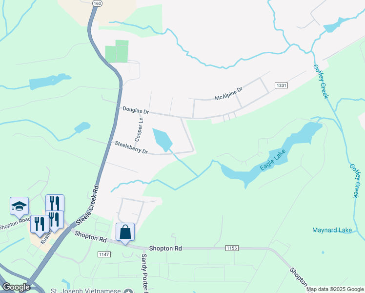 map of restaurants, bars, coffee shops, grocery stores, and more near 8704 Steeleberry Drive in Charlotte