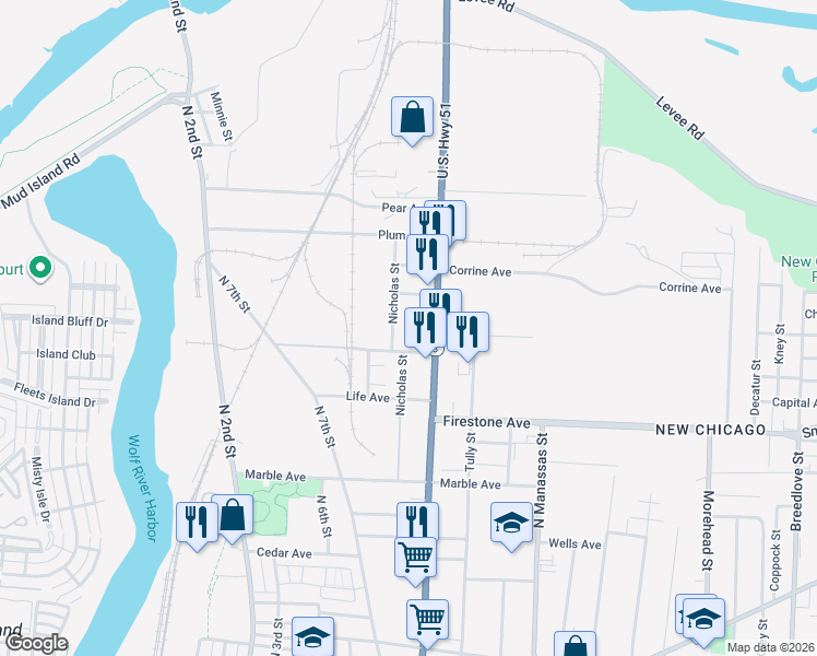 map of restaurants, bars, coffee shops, grocery stores, and more near 1339 Nicholas Street in Memphis