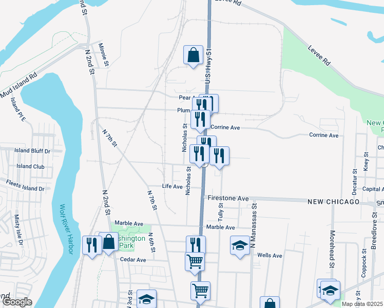 map of restaurants, bars, coffee shops, grocery stores, and more near 1339 Nicholas Street in Memphis