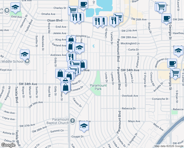 map of restaurants, bars, coffee shops, grocery stores, and more near 3403 Lometa Drive in Amarillo
