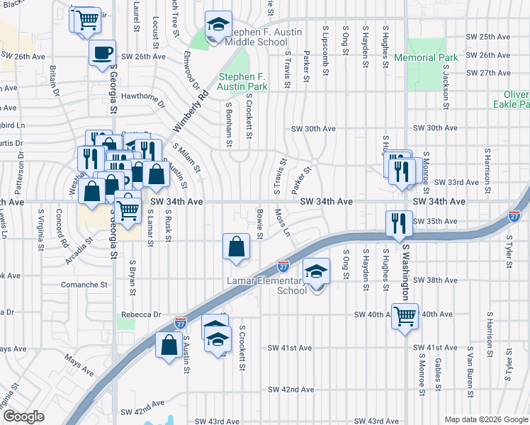map of restaurants, bars, coffee shops, grocery stores, and more near 3400-3498 Bowie Street in Amarillo