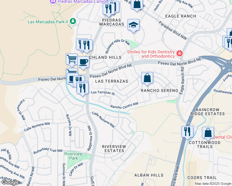 map of restaurants, bars, coffee shops, grocery stores, and more near 4252 La Paloma Road Northwest in Albuquerque
