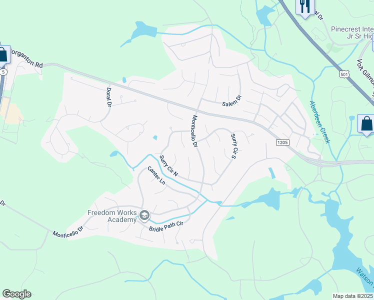 map of restaurants, bars, coffee shops, grocery stores, and more near 8 Surry Circle North in Pinehurst